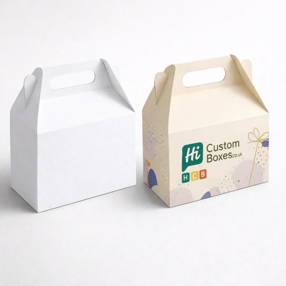 Gable-style gift boxes with integrated carrying handles- available in minimalist white and custom printed patterns- class=